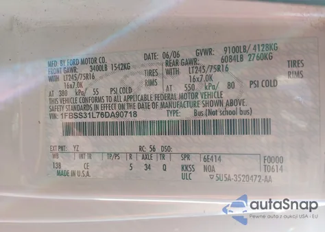 2006 Ford E-350 Super Duty Xl/Xlt z USA, uszkodzony, nr VIN 1FBSS31L76DA90718